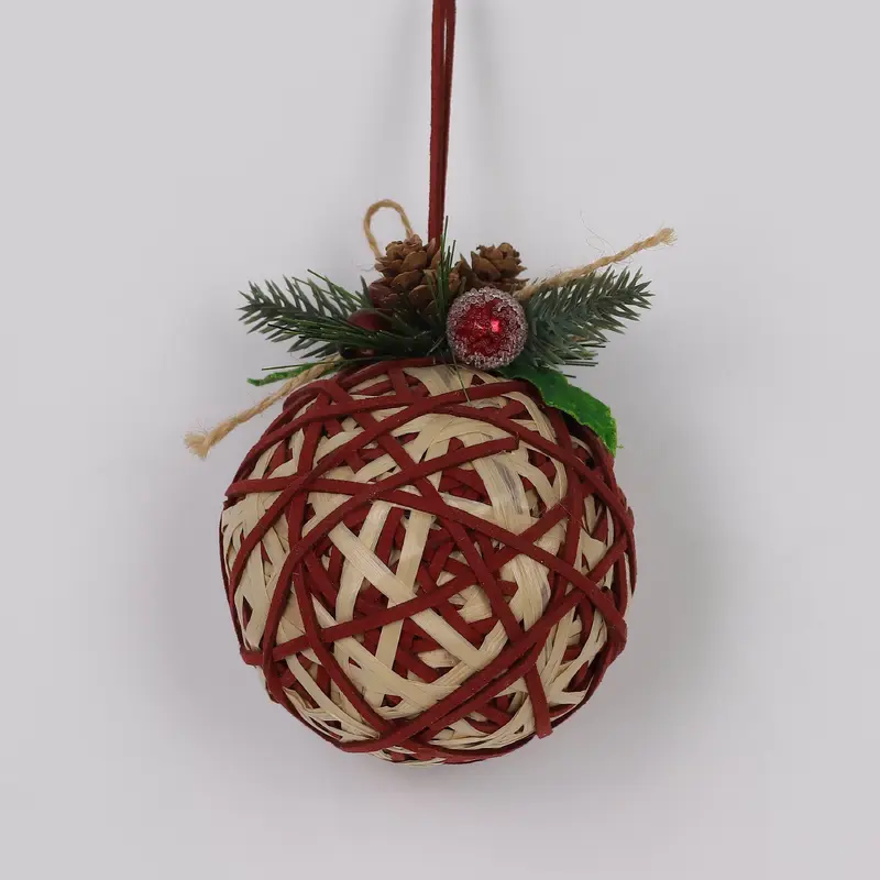 Rattan ball ornament wrapped with leather strings