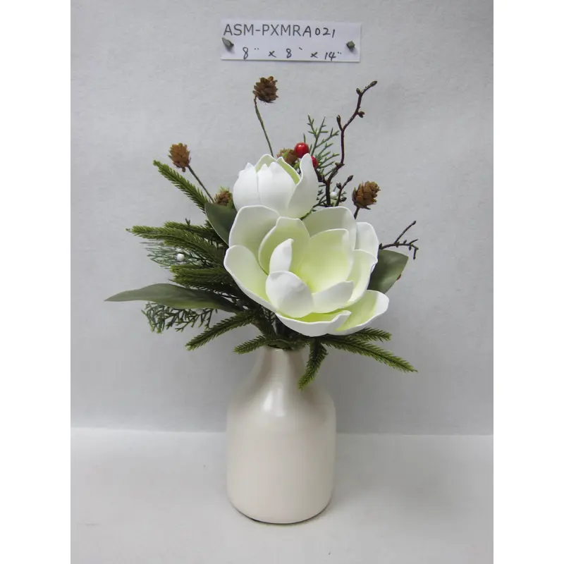 14"H  Artificial Magnolia Flower Arrangements on Ceramic Vase