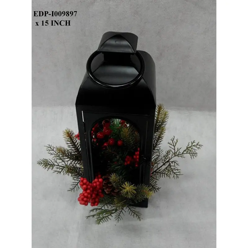 15"H. Black Metal Lantern with Christmas Floral Arrangements