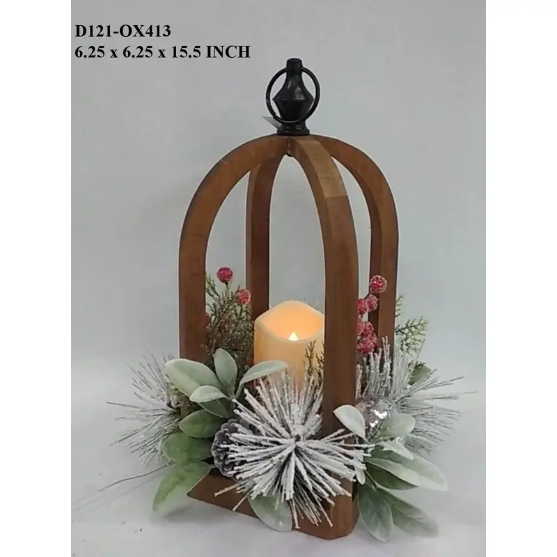 15"H. Hanging Wood Lantern with Candle & Florals