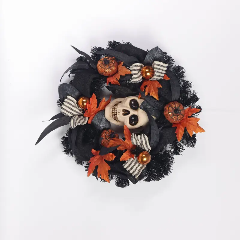 18" Halloween Wreath with Skull & Fall Leaves