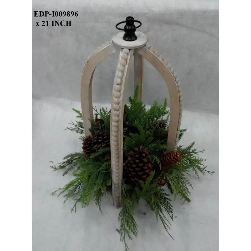 21"H. Wood Frame Lantern with PVC/Pinecones Arrangements