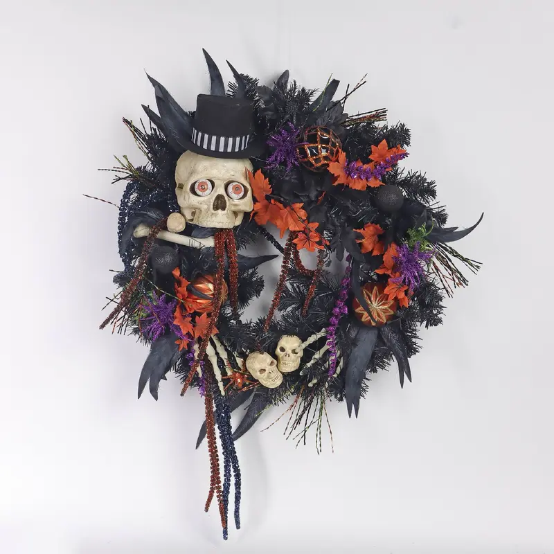 26" Halloween Wreath wth Skulls, Pumpkins & Skeletons