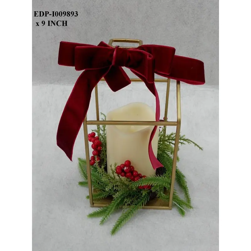 9"H. Gold Metal Frame Lantern with Bow & Candle