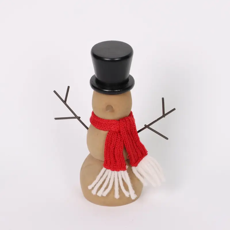 Wooden snowman with red knitted scarf