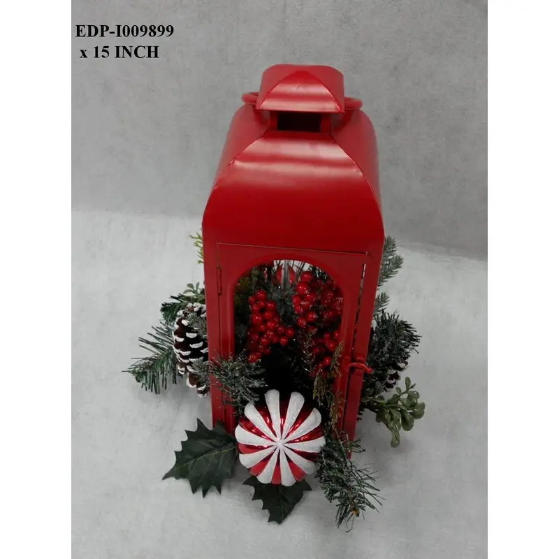 15"H. Red Metal Lantern with Christmas Floral Arrangements