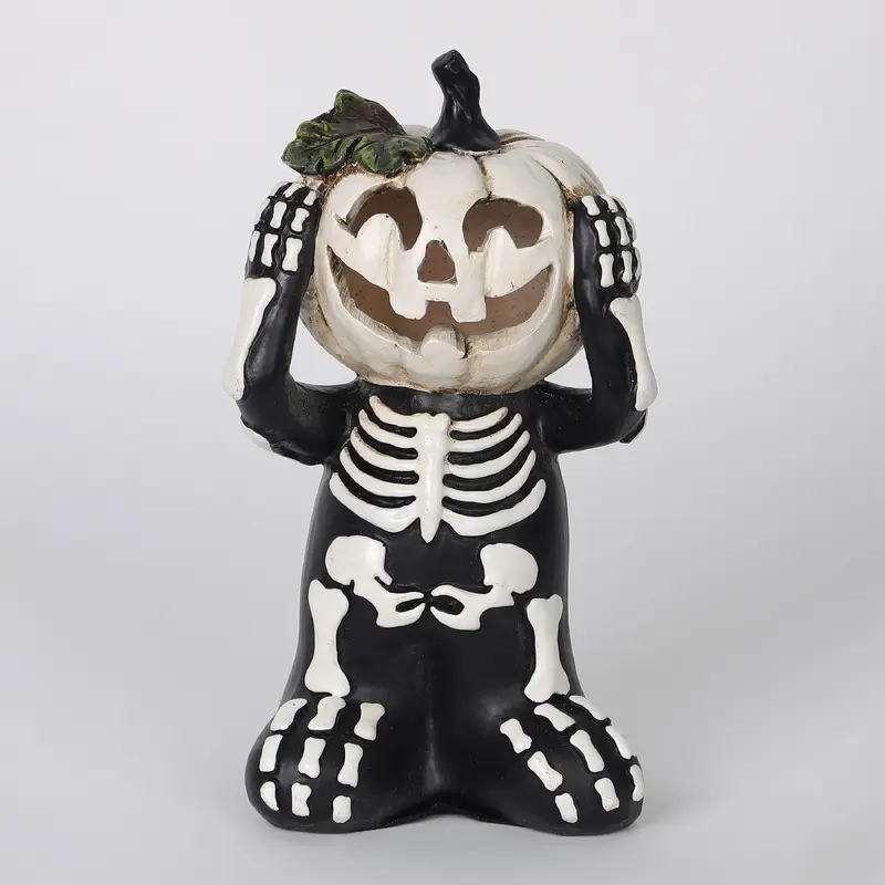 6"H. Halloween Table Top Skeleton with White Pumpkin Head