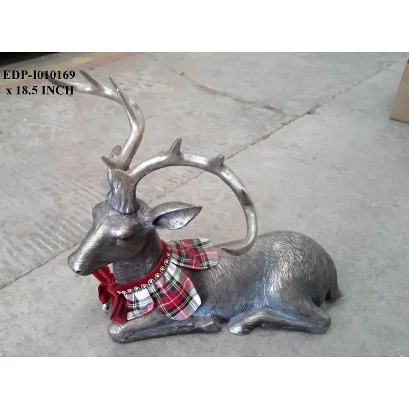 Polyresin Silver Sitting  Deer with Fabric Bow