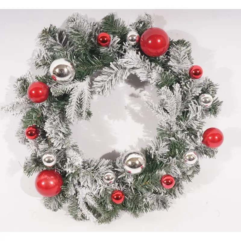 25 HT Flocked Greenery Red And Silver Shatterproof Wreath