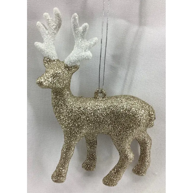 Glitter Deer Christmas Tree Ornament Gold With White Antlers.