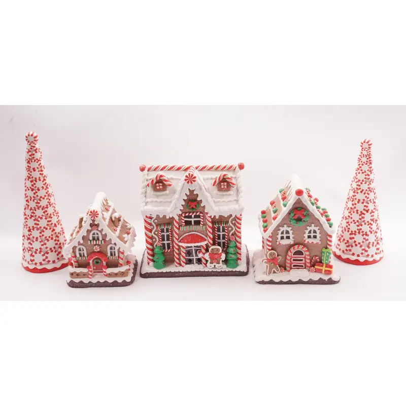 Set of 5 Prelit Gingerbread Village B/O With Timer Pack