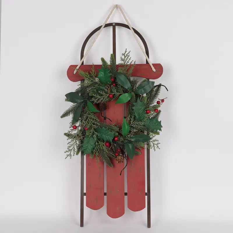 15 X 29 X 6"H HOLIDAY SLED  W/WREATH WALL DECOR