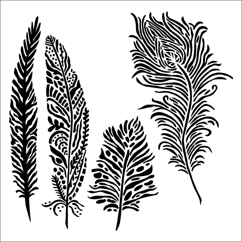 Mixed Media Stencil - Playful Feathers, 6 x 6 in