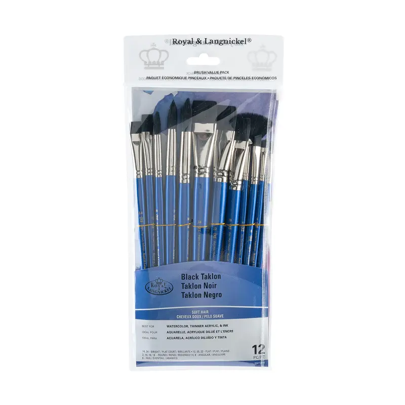 12-Pack Black Taklon Brushes - Bright/Flat
