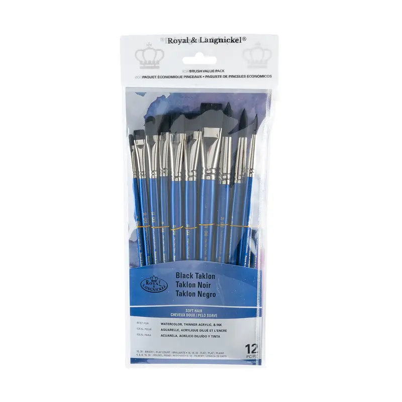 12-Pack Black Taklon Brushes - Bright/Round