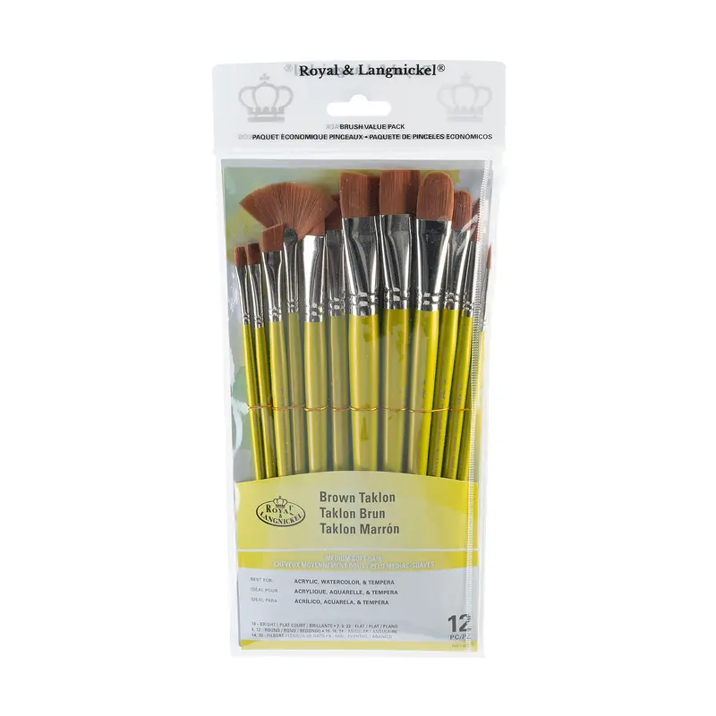 12-Pack Brown Taklon Brushes - Bright/Flat