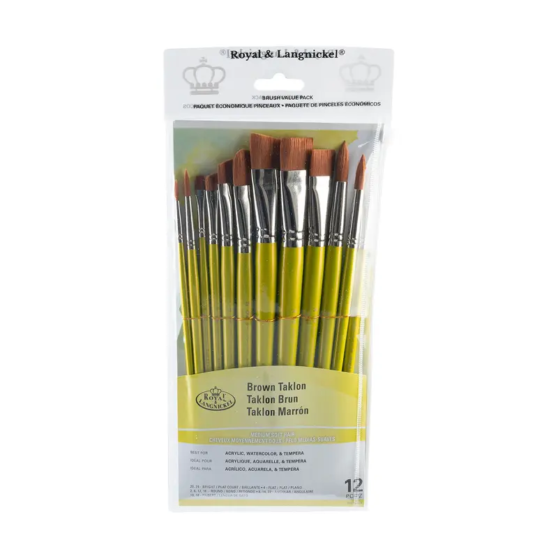 12-Pack Brown Taklon Brushes - Bright/Round