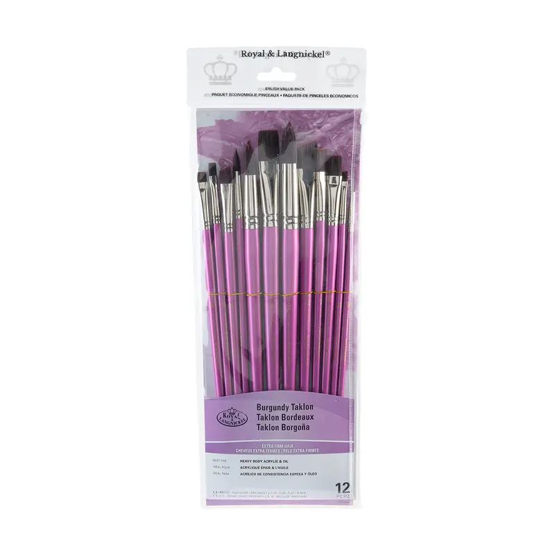 12-Pack Burgundy Taklon Brushes - Assorted