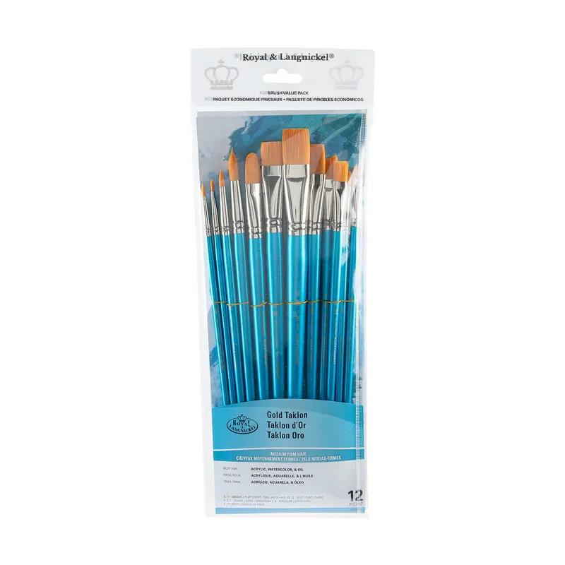 12-Pack Gold Taklon Brushes - Assorted