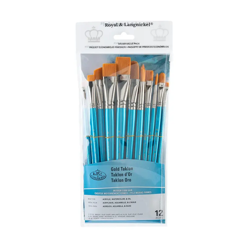 12-Pack Gold Taklon Brushes - Bright/Flat