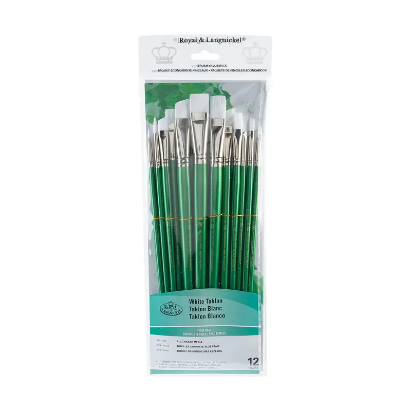 12-Pack White Taklon Brushes - Assorted