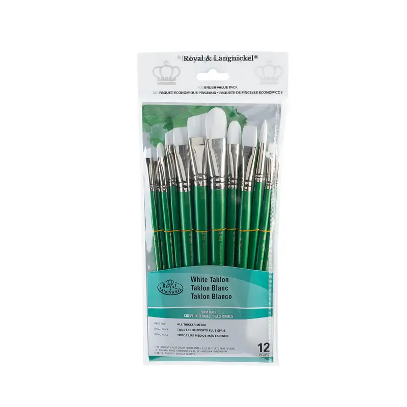 12-Pack White Taklon Brushes - Bright/Filbert