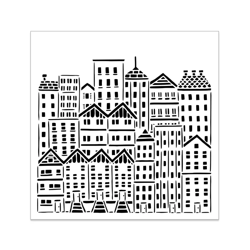 Mixed Media Stencil - City Buildings, 6 x 6 in