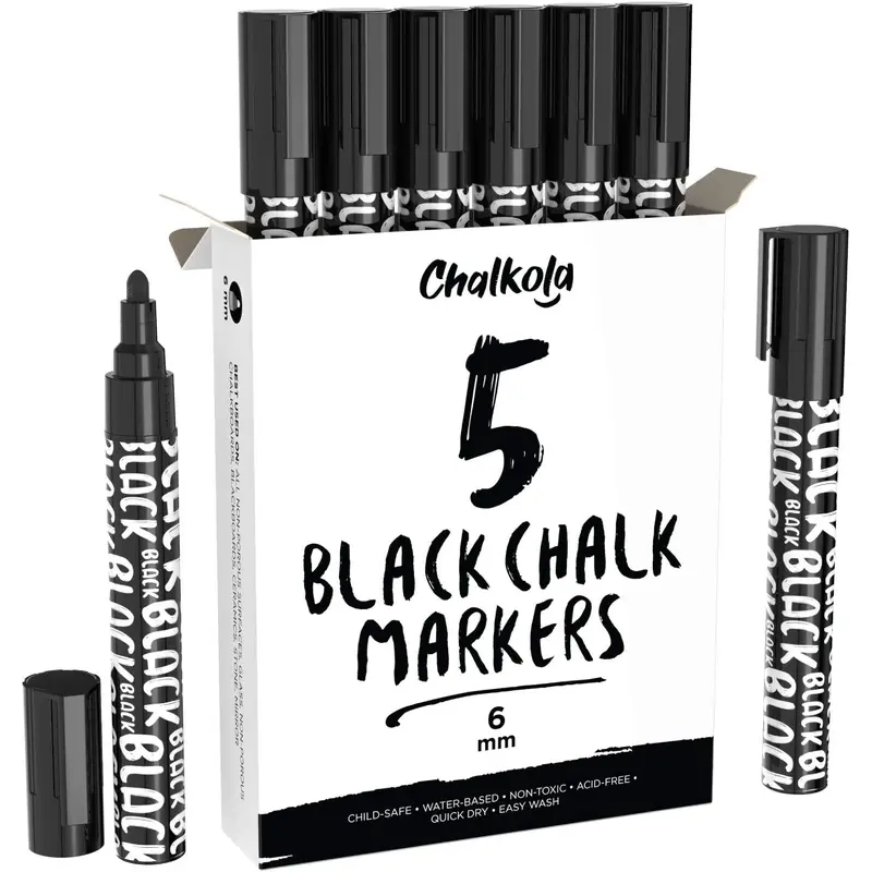 Black Chalk Markers - 6mm Reversible Tip (Pack of 5 Pens)