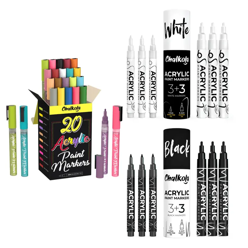 Bundle:  Acrylic Paint Pens - 6 White + 6 Black + 20 Multi-Color
