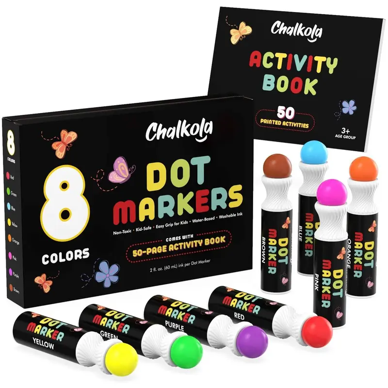 Washable Dot Markers For Kids (Pack of 8 Pens) with Activity Book