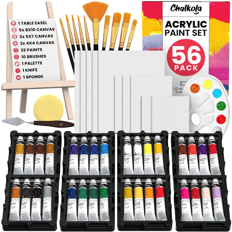 56 Pcs Canvas Painting Kit with 32 Paints (22ml), 10 Brushes, 10 Canvases, Tabletop Easel, Palette, Knife