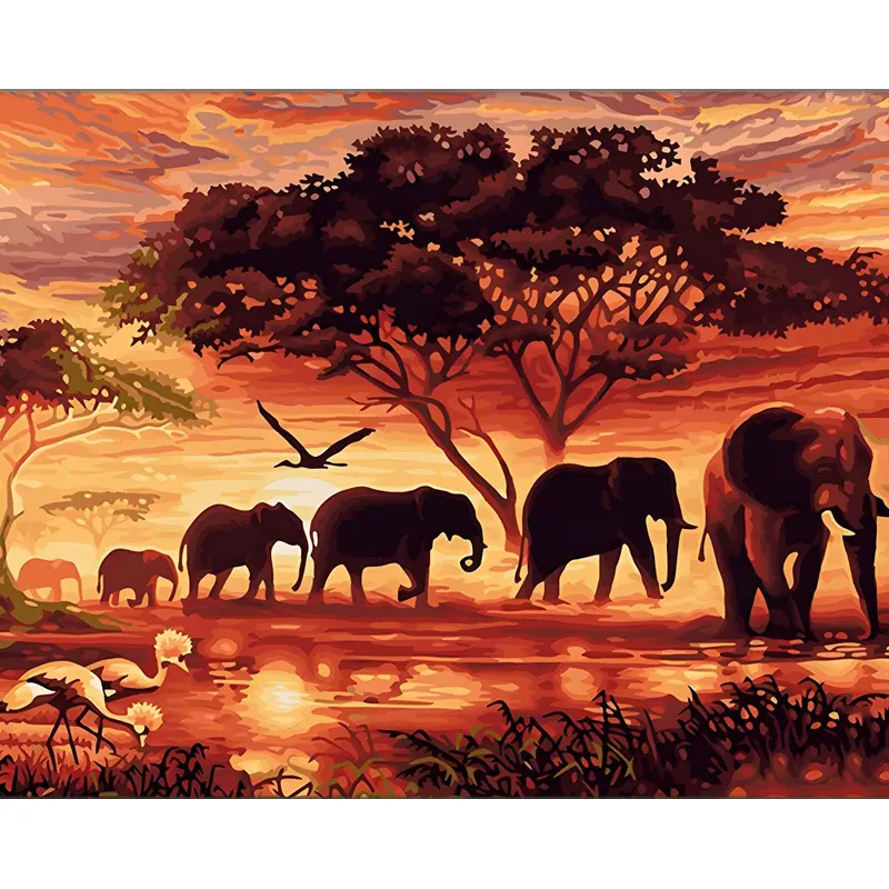 A Sunset And A Herd Of Elephant