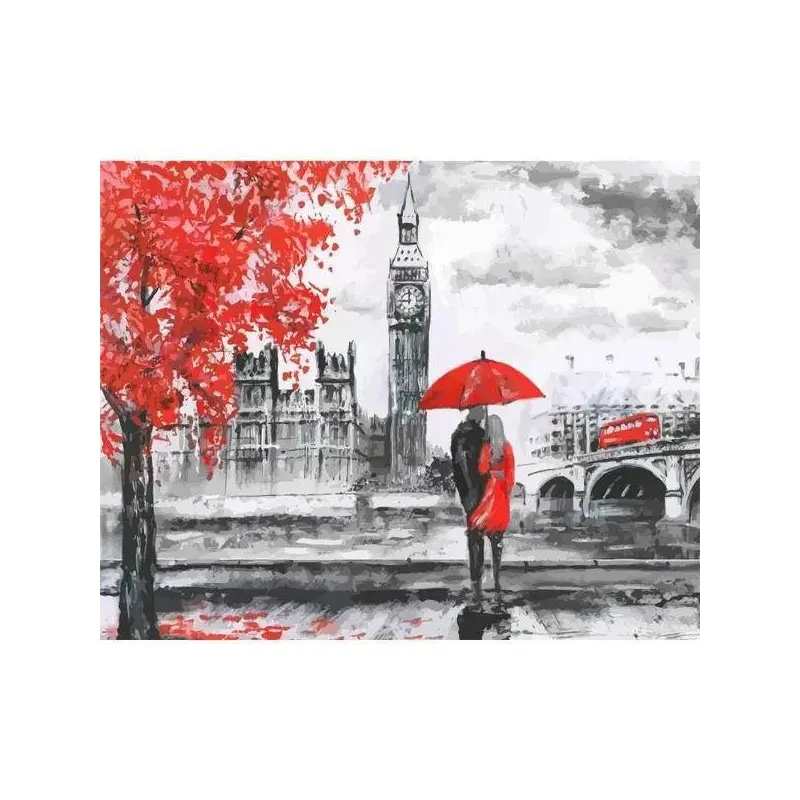 A Couple In London With Umbrella And A Red Tree