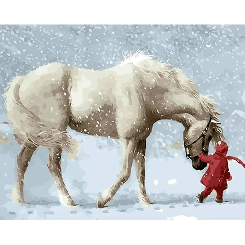 A White Horse And A Little Girl In The Snow