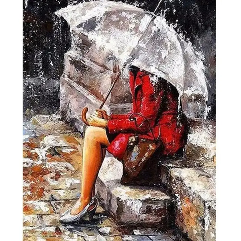 A Woman Alone In The Rain In Red