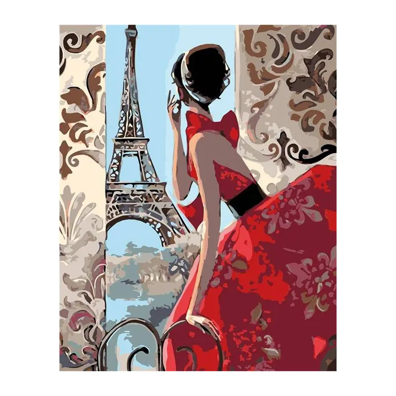 Red Dressed Women and Eiffel Tower