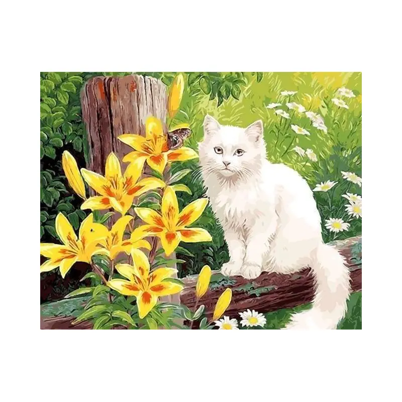 White Cat and Yellow Flowers