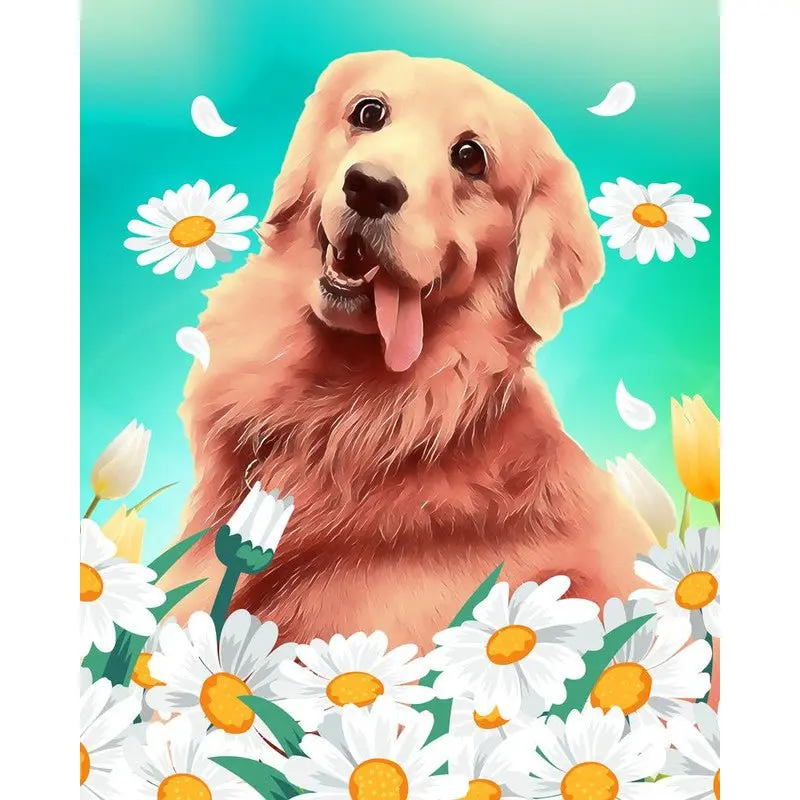 Golden retriever and daisies