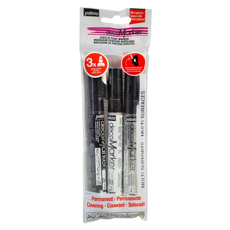 Set of 3 Decomarkers  4 mm, black, white and silver