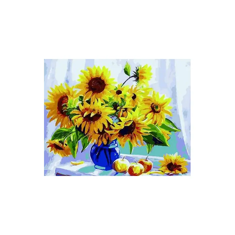 Sunflowers in a Blue Vase and Fruits