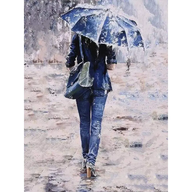 Woman dressed in blue under an umbrella