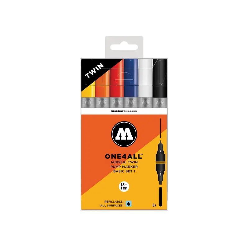 One4All Markers  Acrylic Twin Basic 1  Pack of 6 double markers