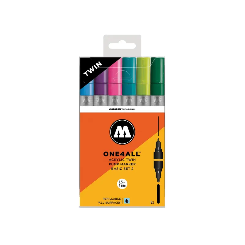 One4All Markers  Acrylic Twin Basic 2  Pack of 6 double markers