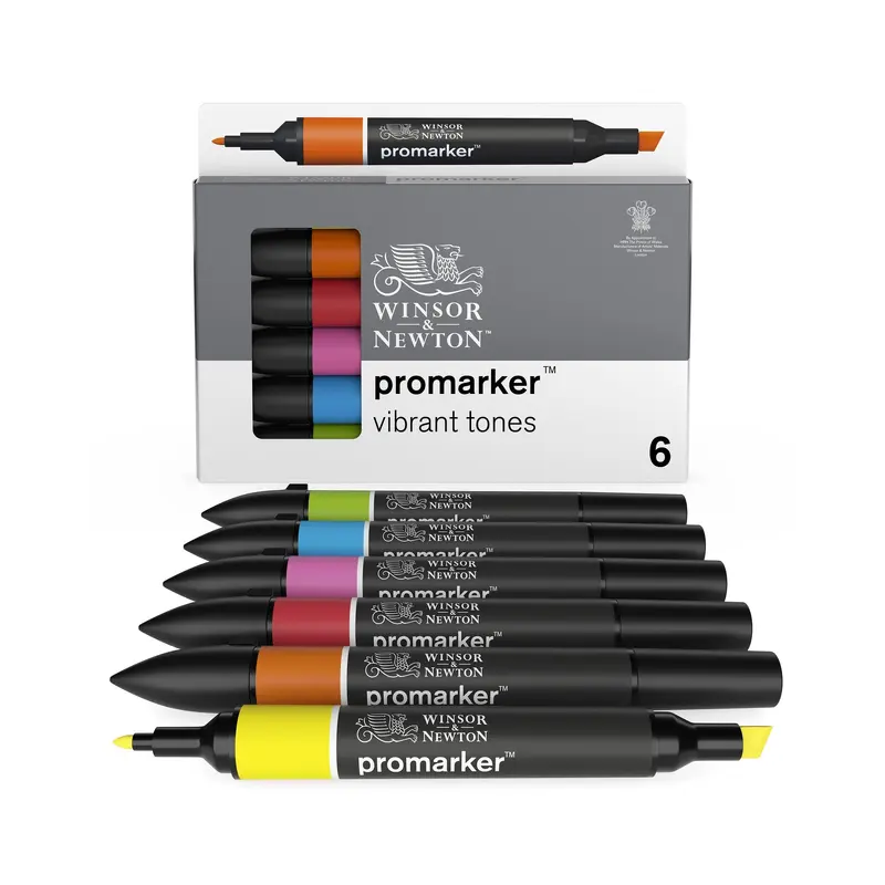 6-Piece Double-Tip Promarker Marker Set in Assorted Vibrant Colors - Bullet and Chisel Tip
