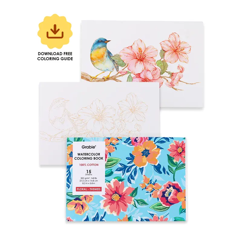 15 Sheets 140LB Floral-Themed Watercolor Coloring Book