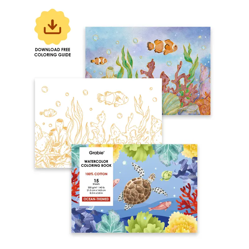 15 Sheets 140LB Ocean-Themed Watercolor Coloring Book