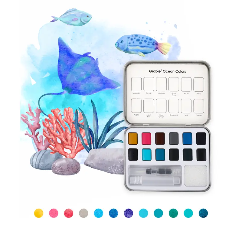 Watercolor Pocket Set Of 12 With Brush - Ocean Colors