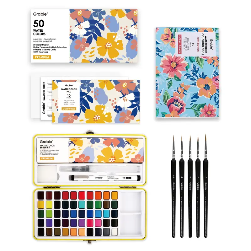 Watercolor Set Of 50 & Coloring Book Bundle