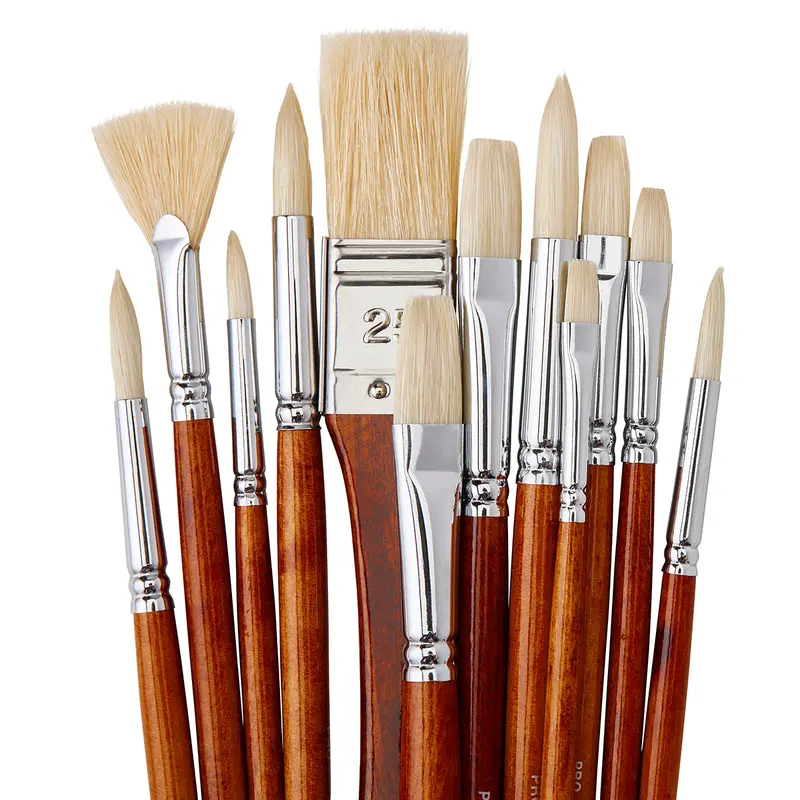 Natural Bristle Brush Set - Long Handle - 12 Pieces