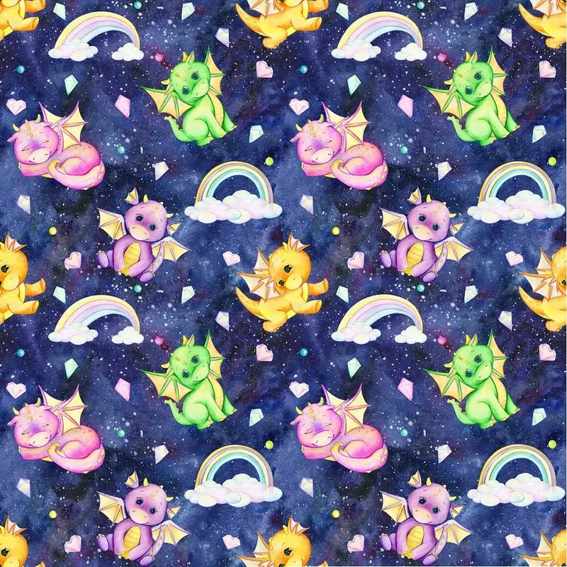 Cute Dragons, Rainbows, & Crystals Fabric - Dark Blue